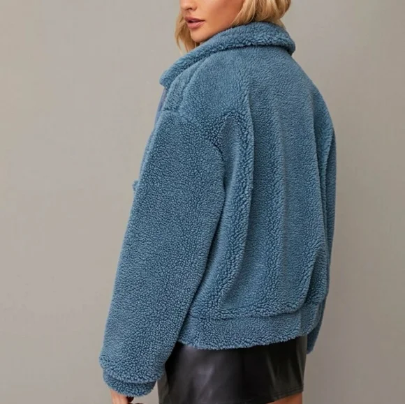 SheIn Zip Up Blue Teddy Spring Jacket - Picture 5 of 10